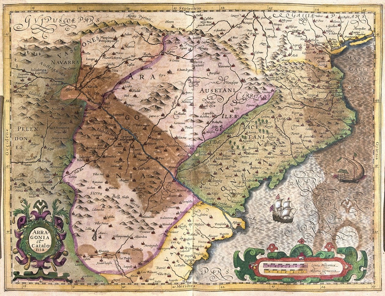 Aragonie a Katalánsko, Španělsko (rytina od Gerardus Mercator