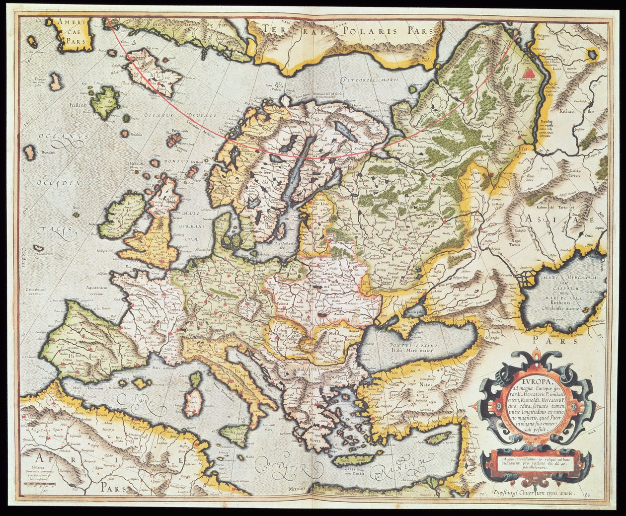 Mapa Evropy, kolem roku 1554 (ručně kolorovaná rytina) od Gerardus Mercator