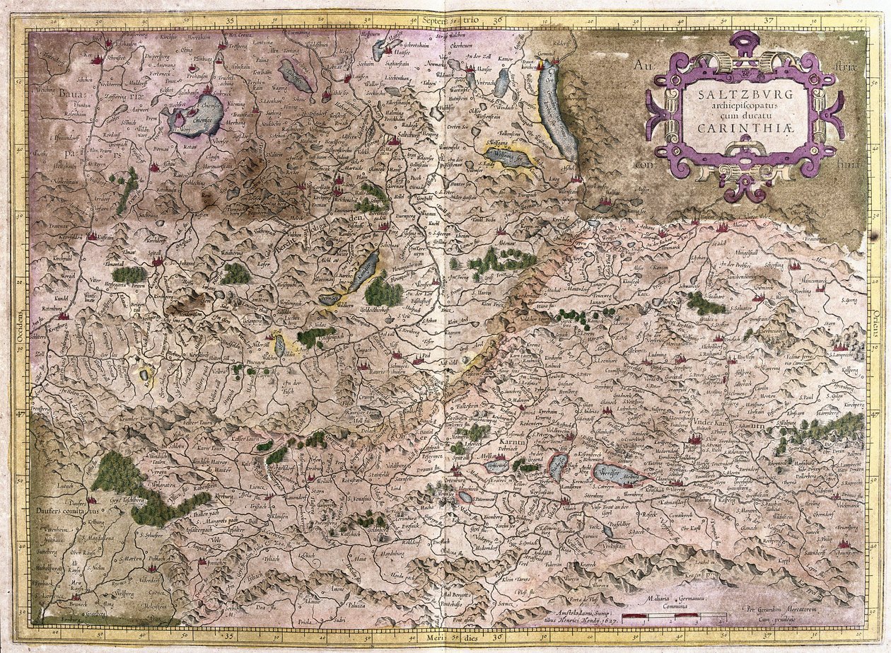 Salzburg a Korutany, Rakousko (rytina od Gerardus Mercator