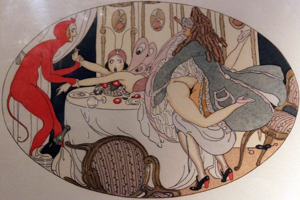 Série akvarelů vydaná v roce 1925 pod názvem Rozkoše Erósu v Erotopolis Paris. od Gerda Marie Frederike Wegener