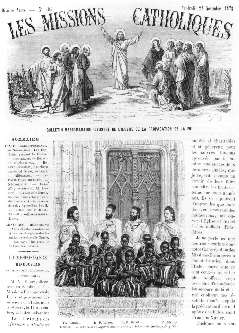 Misionáři z Alžíru a arabské děti v St. Louis z Kartága v Tunisku, ilustrace z „Les Missions Catholiques“, 22. listopadu 1878 od Gerlier