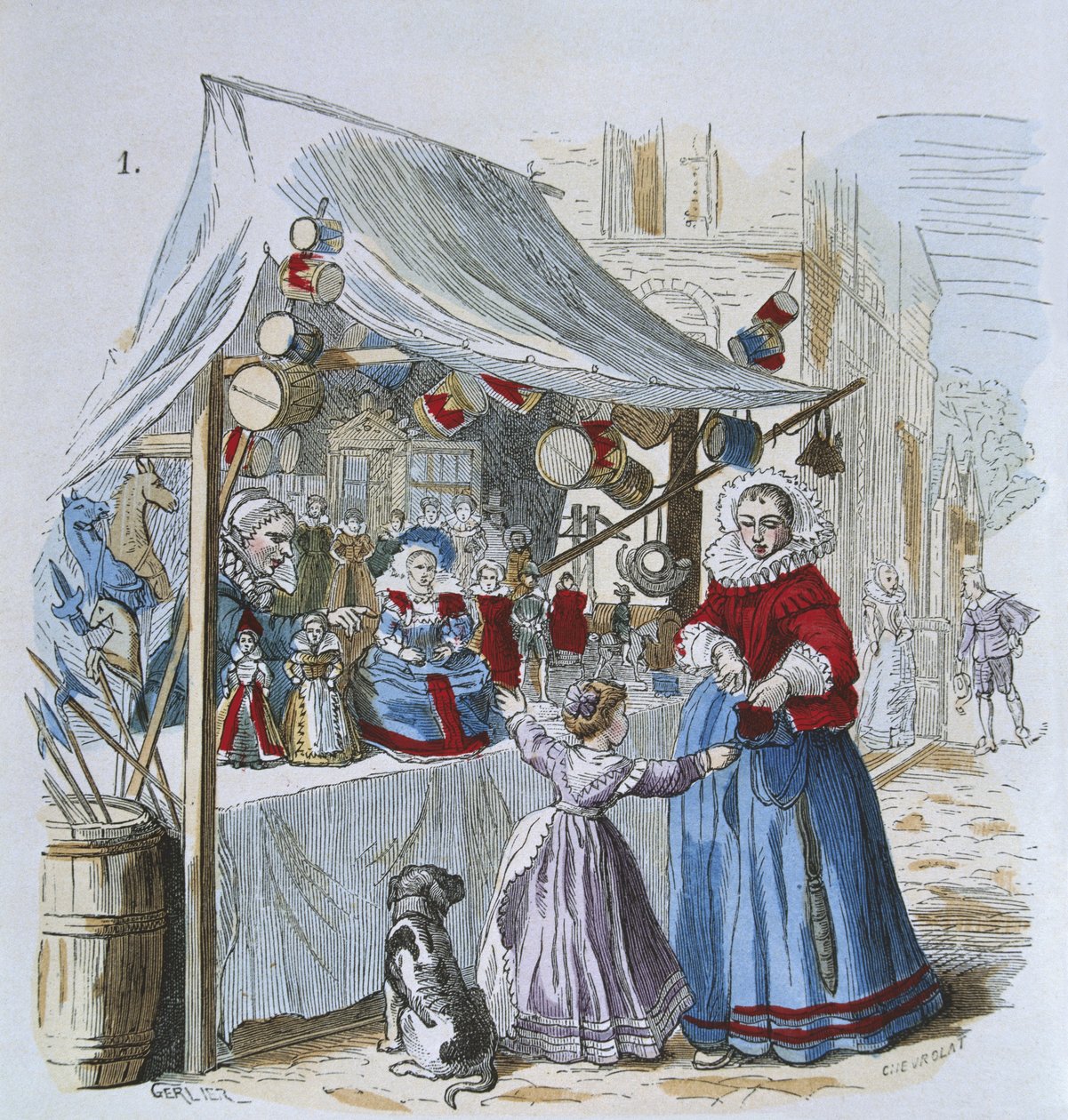 Prodavač hraček v 16. století, z knihy "Costumes de Paris a travers les siecles" (barevná rytina) od Gerlier