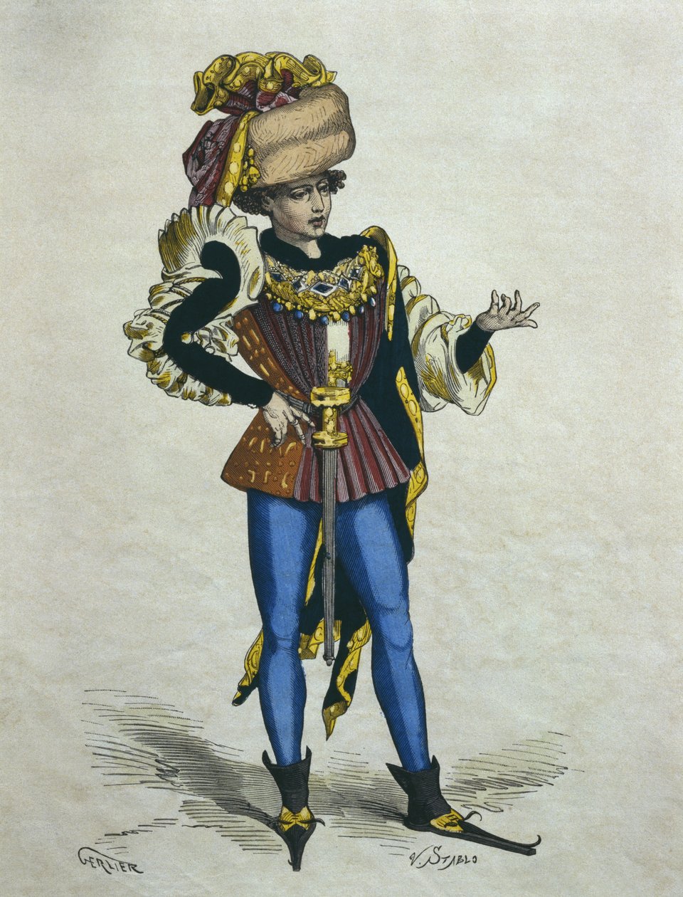 Mladý elegán v roce 1480, ilustrace z „Costumes de Paris a travers les siecles“ od H. Gourdona de Genouillac, rytina Stabla (19. století) (barevná rytina) od Gerlier