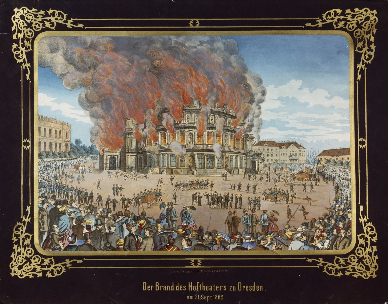 Požár v Královském divadle v Drážďanech 21. září 1869 od German School