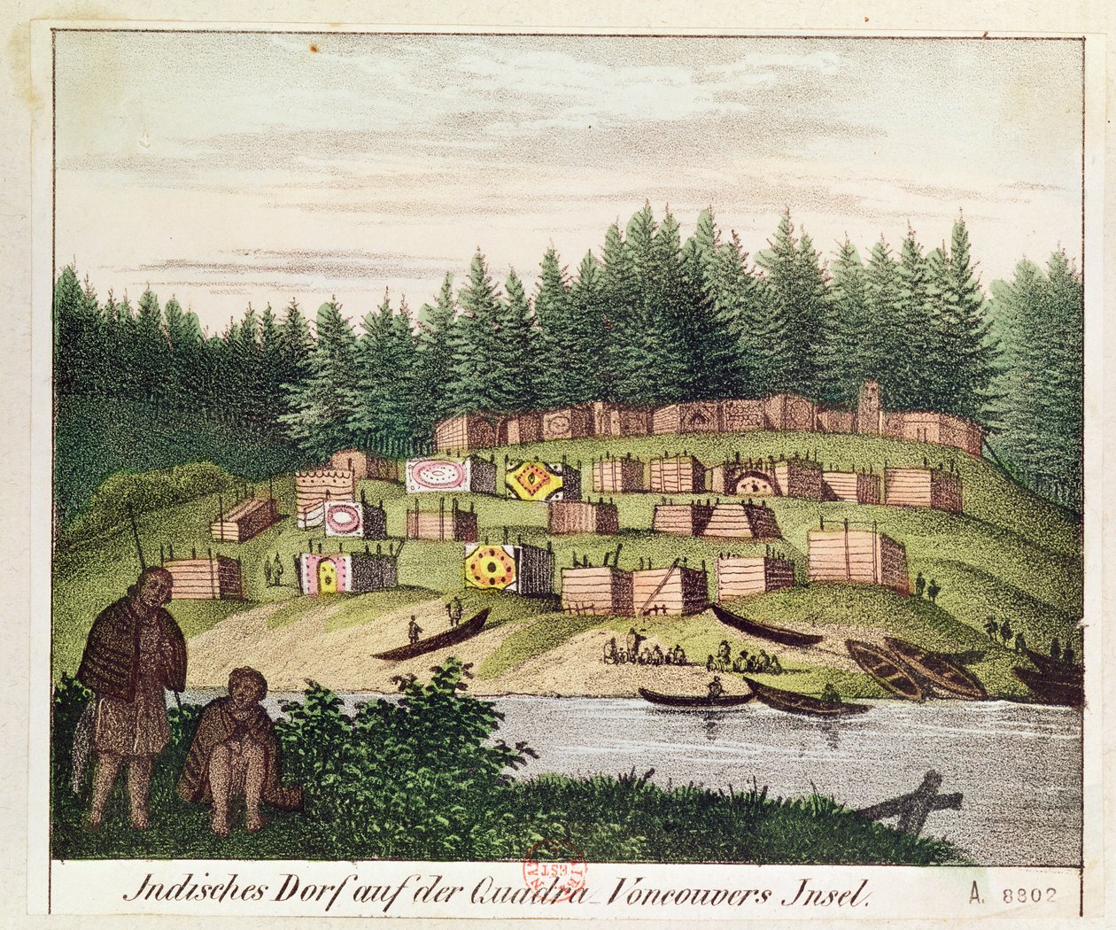 Indiánský tábor na ostrově Quadra, ostrovy Vancouver (barevná rytina) od German School
