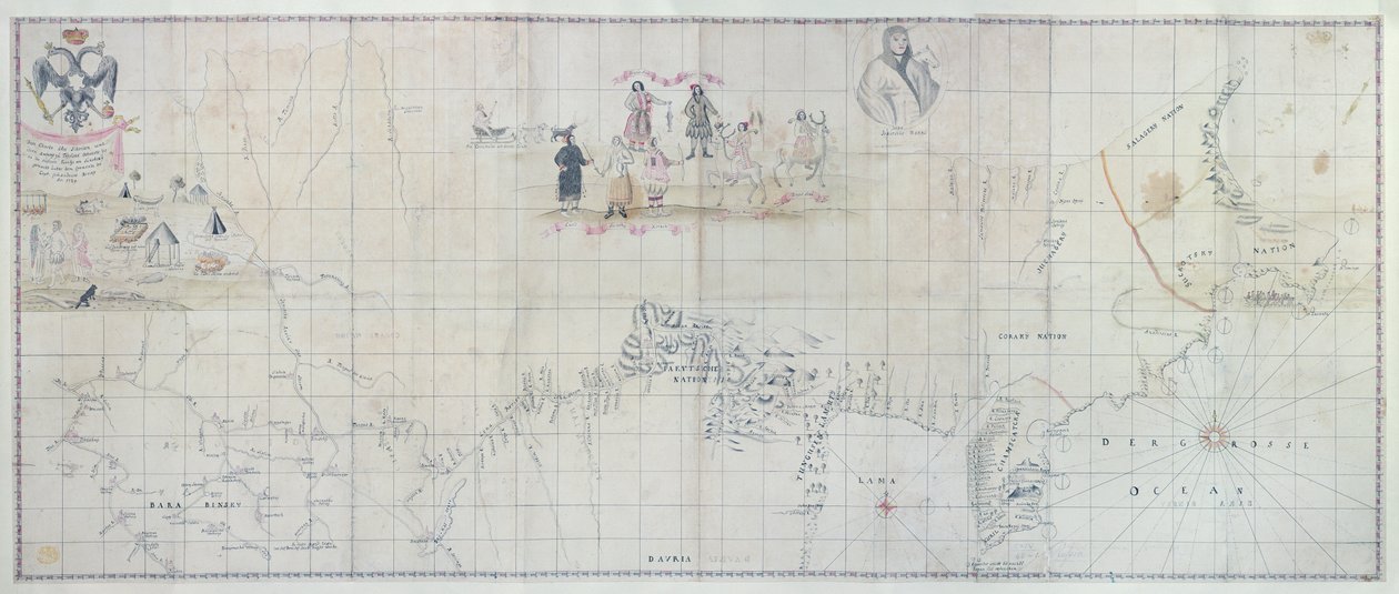 Mapa Sibiře, 1729 (ručně kolorovaná rytina) od German School