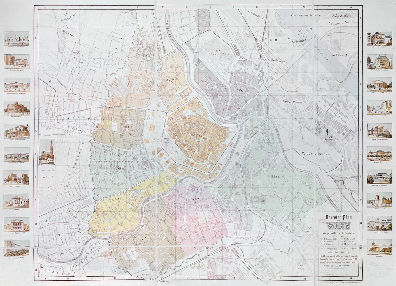 Mapa Vídně, vyd. Klimsch und Co., Frankfurt, kolem roku 1860 od German School