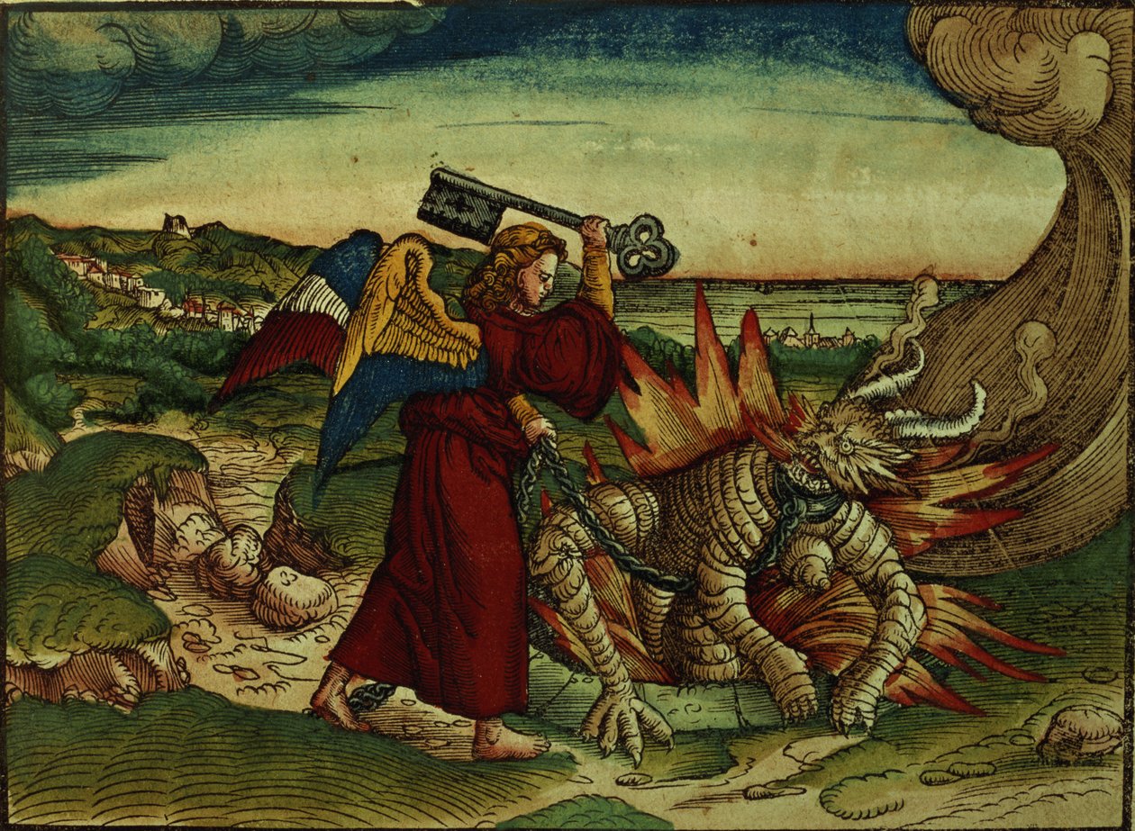 Zjevení 20:18 Klíč od bezedné jámy, 1. vydání, z Lutherovy bible, kolem roku 1530 (barevný dřevoryt) od German School