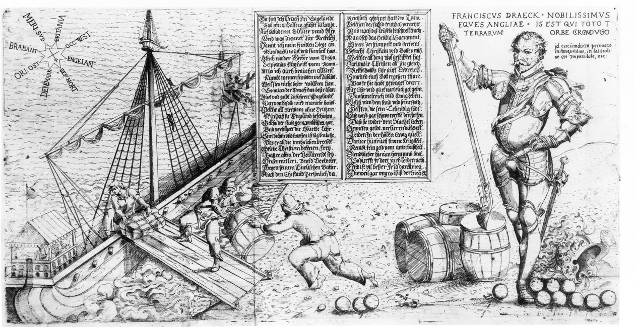 Sir Francis Drake (asi 1540-96) sleduje nakládání své lodi od German School