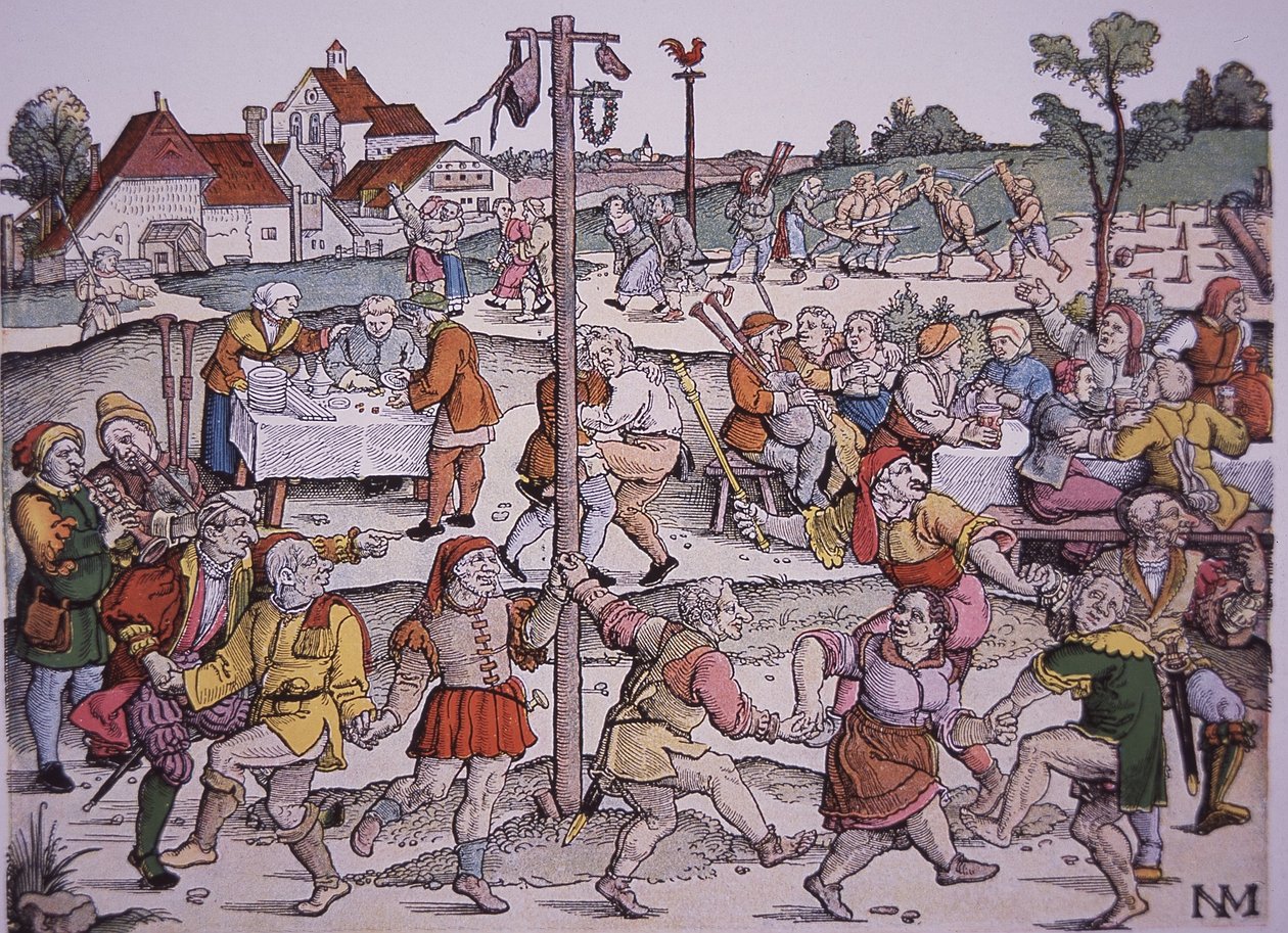 Tančící rolníci (ručně kolorovaná rytina) od German School