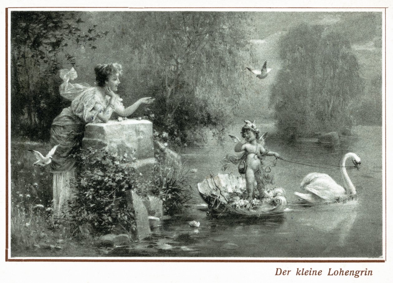 Pohlednice zobrazující Lohengrina s labutí (litho) od German School
