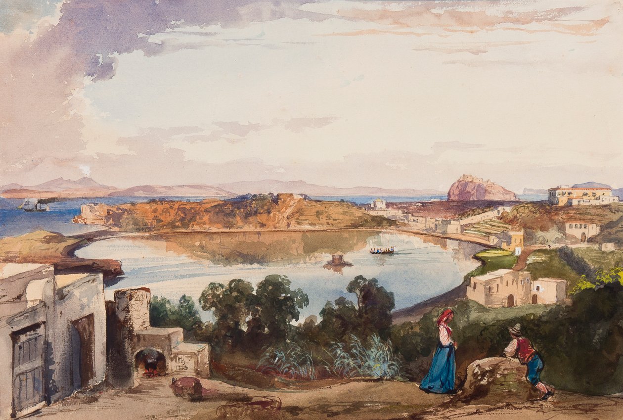 Ischia, kaldera těsně před vstupem do moře byla vyříznuta, královský palác vpravo, s doplňky prince Alfonse Maria di Borbone (1841-1934), 1853 (tužka, wc a kvaš na papíře) od Giacinto Gigante