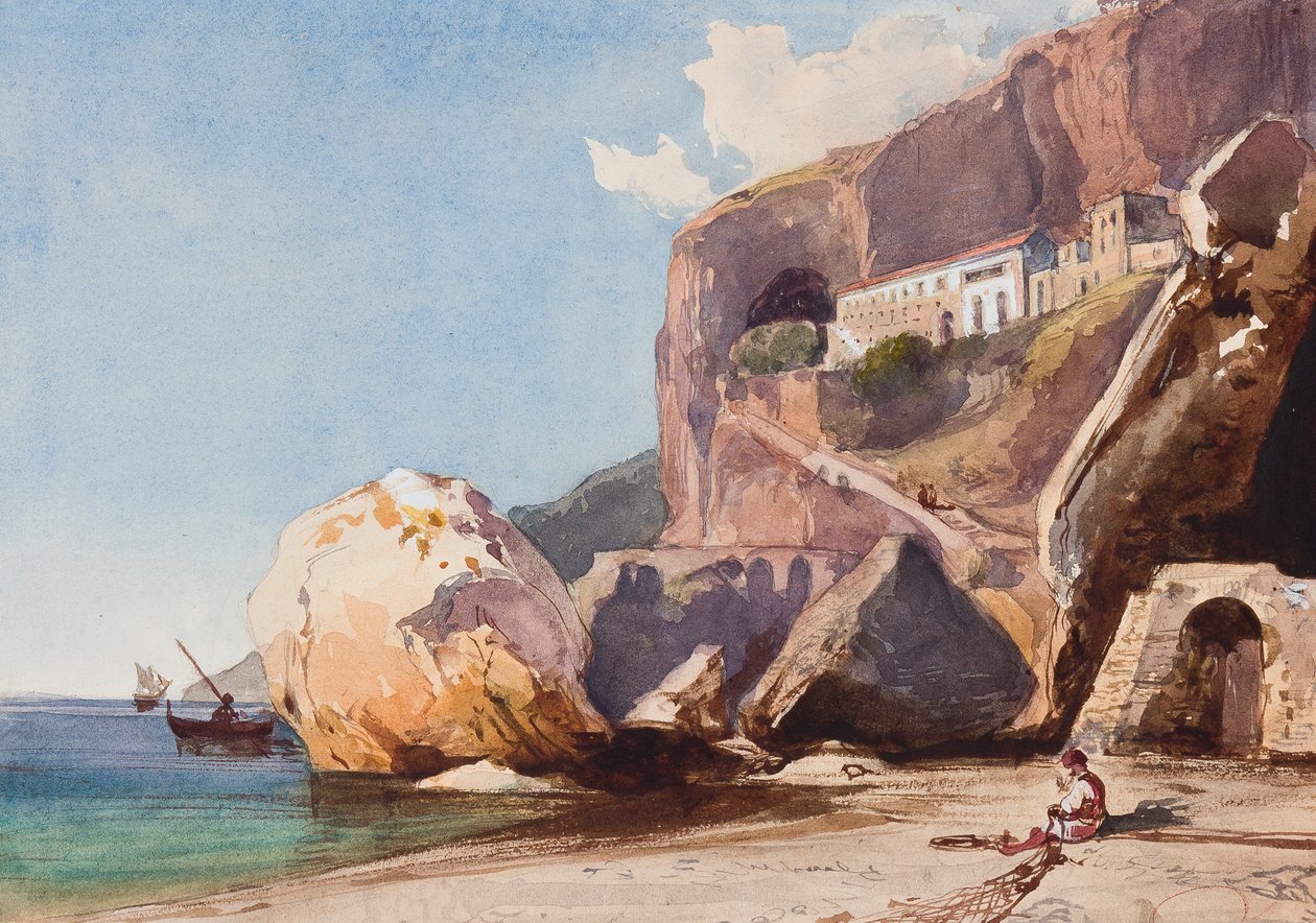 Kapucínský klášter v Amalfi z pláže s doplňky prince Alfonse Maria di Borbone (1841-1934) (tužka, wc a kvaš na papíře) od Giacinto Gigante