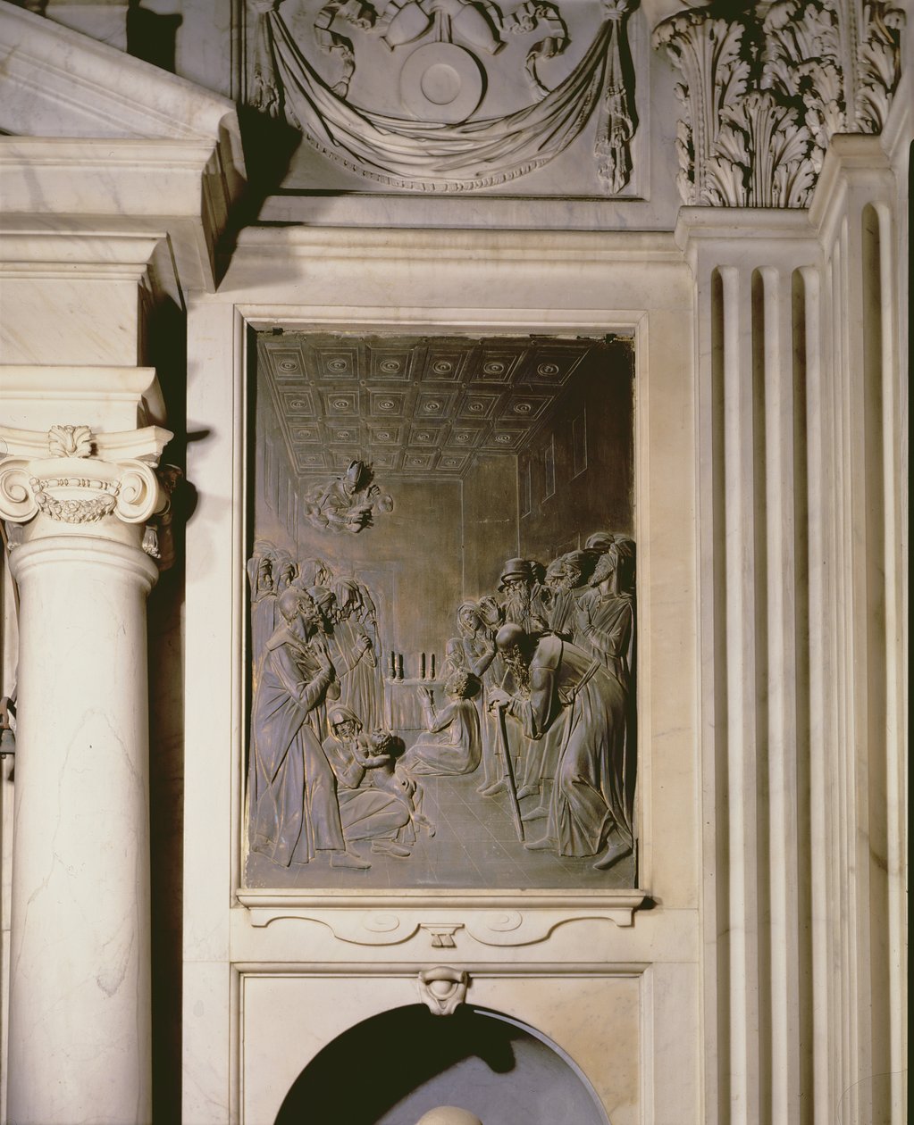 Svatý Antonín přivádí chlapce zpět k životu, reliéf z kaple Salviati (bronz) od Giambologna
