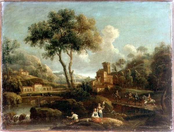 Zalesněná říční krajina s cestovateli od Gianbattista Cimaroli