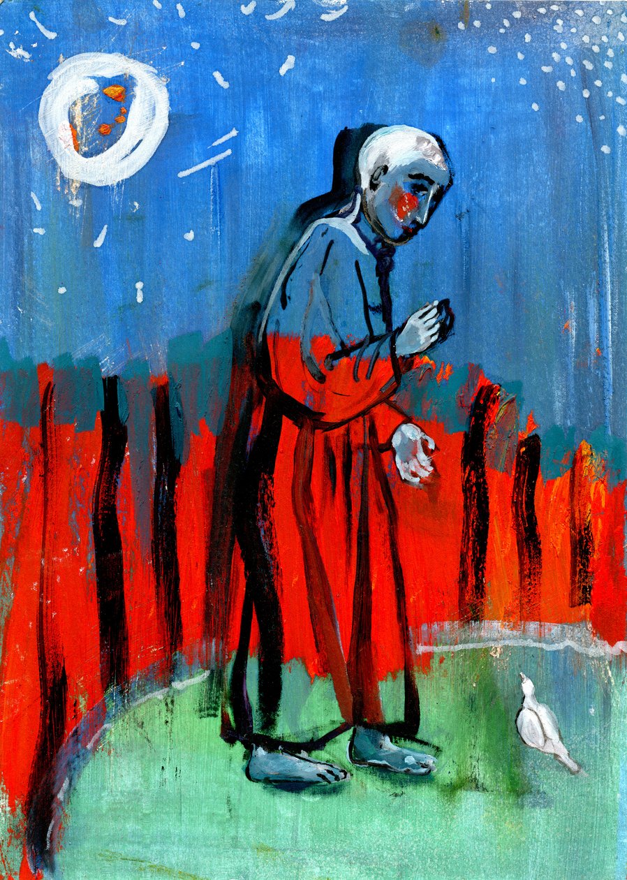 Krmení ptáků. After Giotto, 2015, (olej na papíře) od Gigi Sudbury