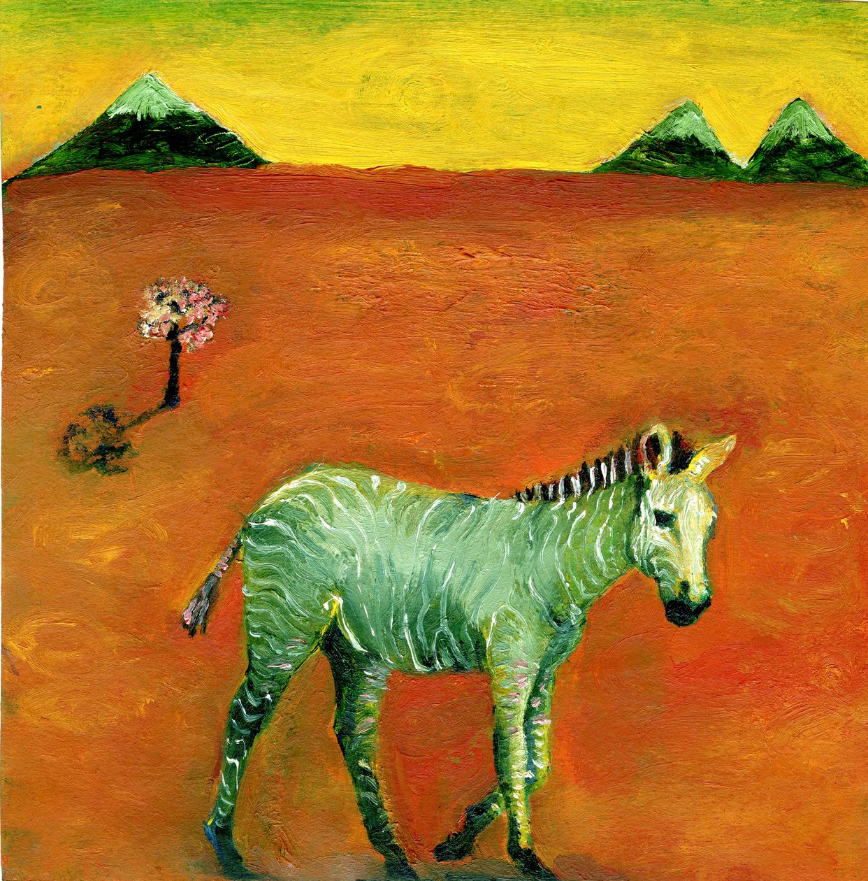 Green Zebra and Cherry Tree, 2005, (olej na papíře) od Gigi Sudbury