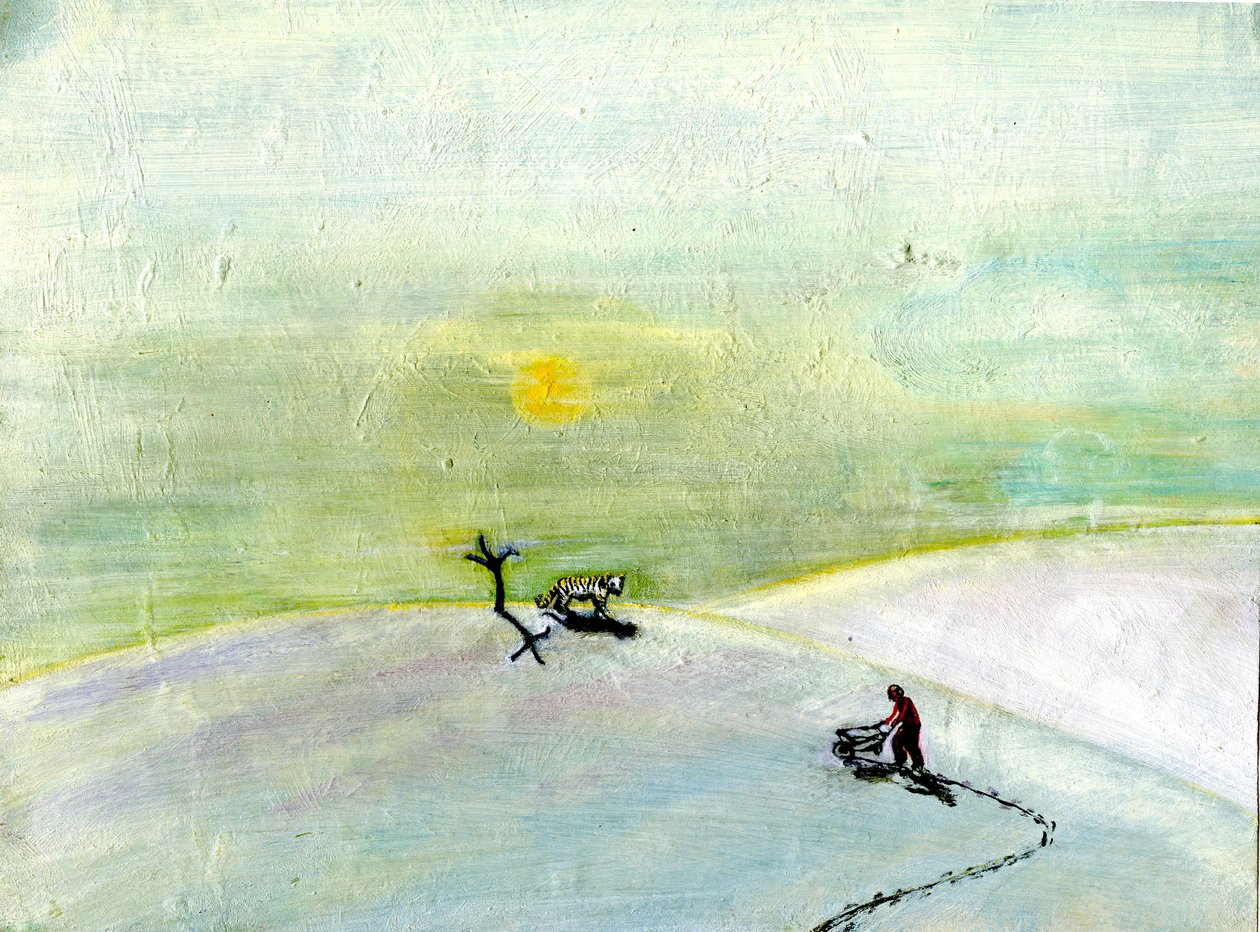 My Wheelbarrow And The Snow Tiger, 2004, (olej na papíře) od Gigi Sudbury