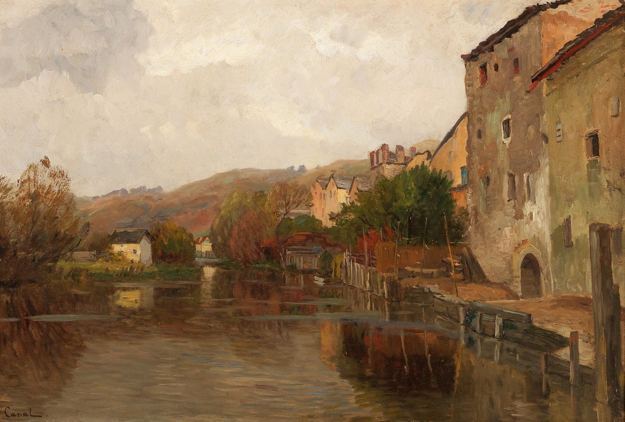 Říční krajina s domy od Gilbert von Canal