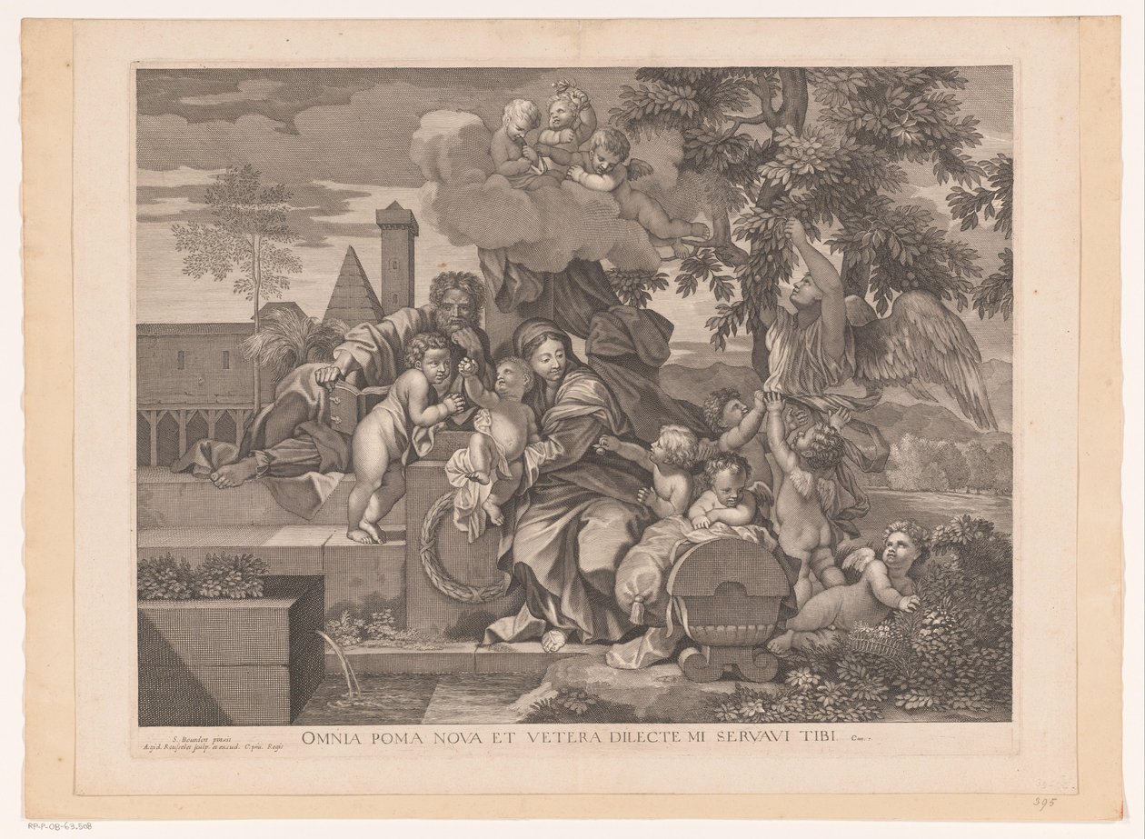 Svatá rodina s putti na jabloni od Gilles Rousselet