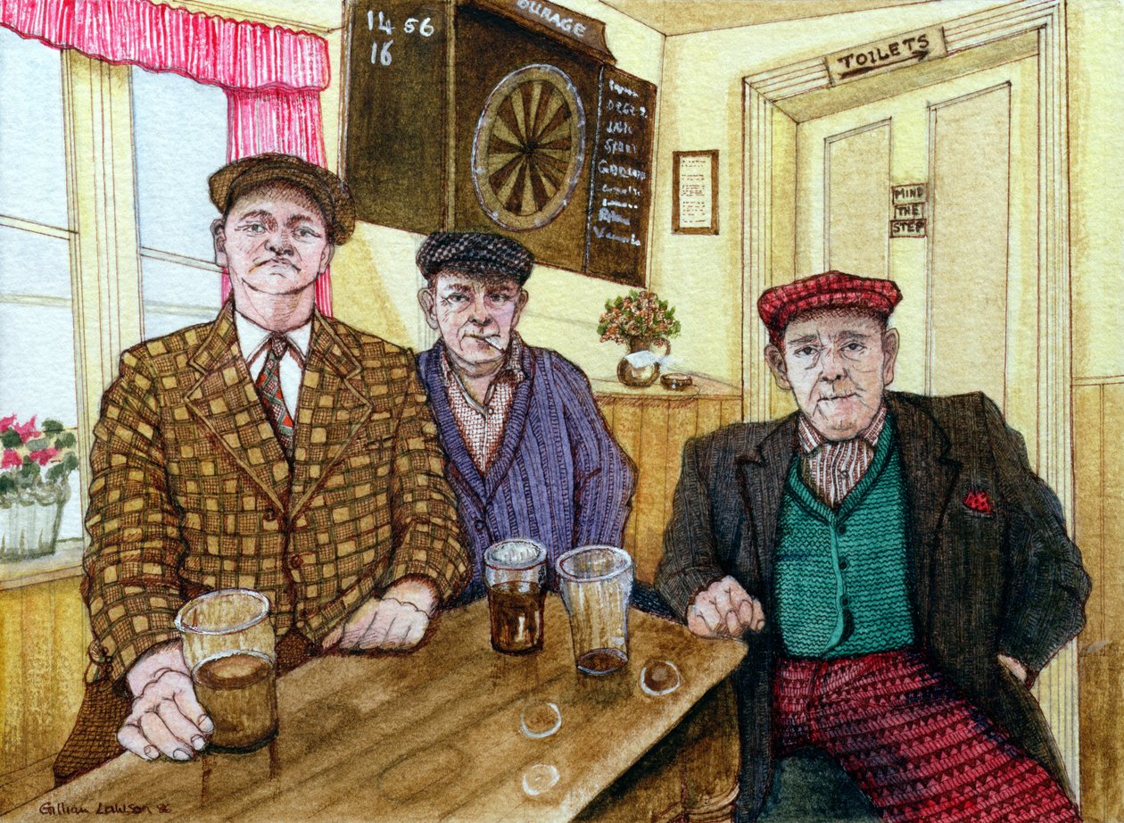 Tři muži v hospodě, 1984 od Gillian Lawson