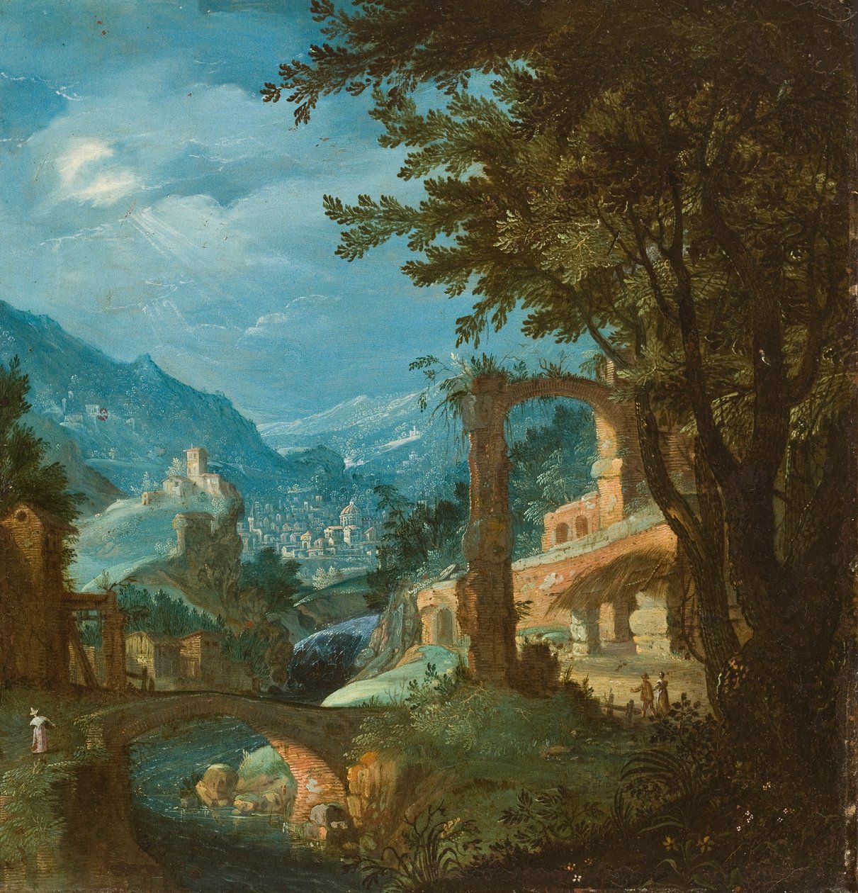Krajina s mostem (olej na mědi) od Gillis van Valckenborch