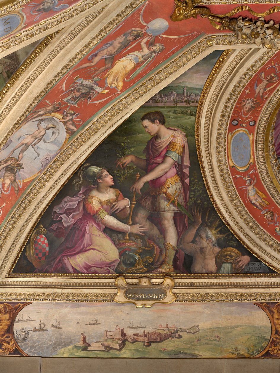 Alegorie Pistoia; dole, pohled na Piombino od Giorgio Vasari