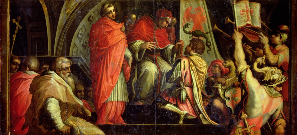Klement IV (1265-68) doručující zbraně vůdcům guelfské strany ze stropu Salone dei Cinquecento, 1565 (panel) od Giorgio Vasari