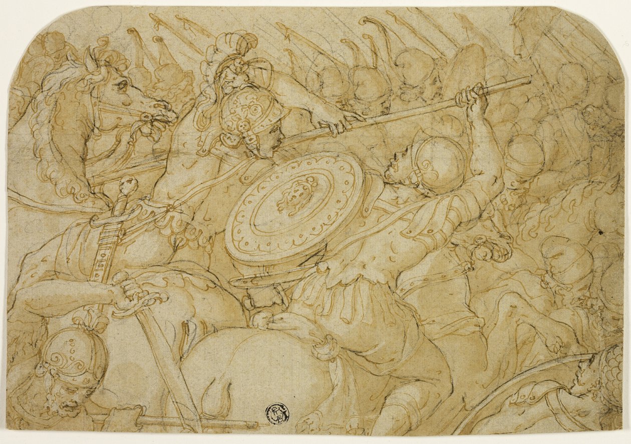 Kavalerie šarvátka (recto); Architektonický náčrt (verze) od Giorgio Vasari