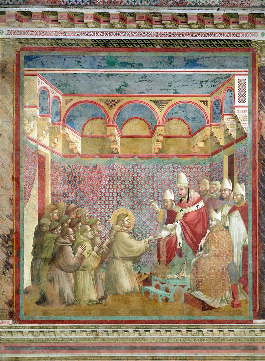 Svatý František obdržel v letech 1210, 1297-99 schválení své „Regula Prima“ od papeže Inocence III. (1160-1216) od Giotto di Bondone