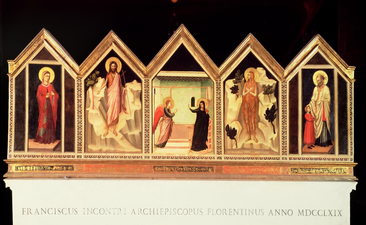 Polyptych sv. Reparata, L až R: sv. Reparata, sv. Jan Křtitel, Zvěstování, neidentifikovaný svatý, sv. Mikuláš (obrácený) od Giotto di Bondone