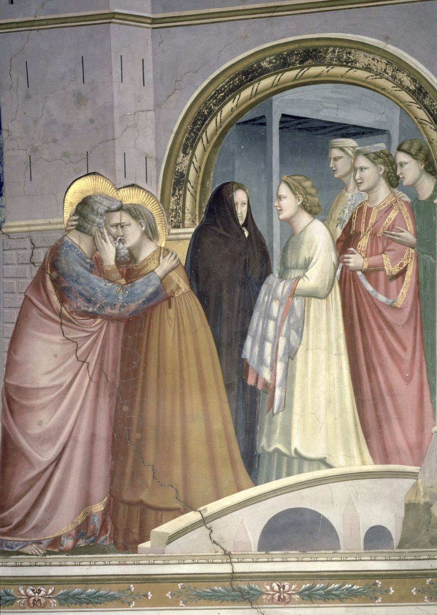Setkání u Zlaté brány, detail objímajícího se Joachima a svaté Anny, kolem roku 1305 detail fresky 65216 od Giotto di Bondone
