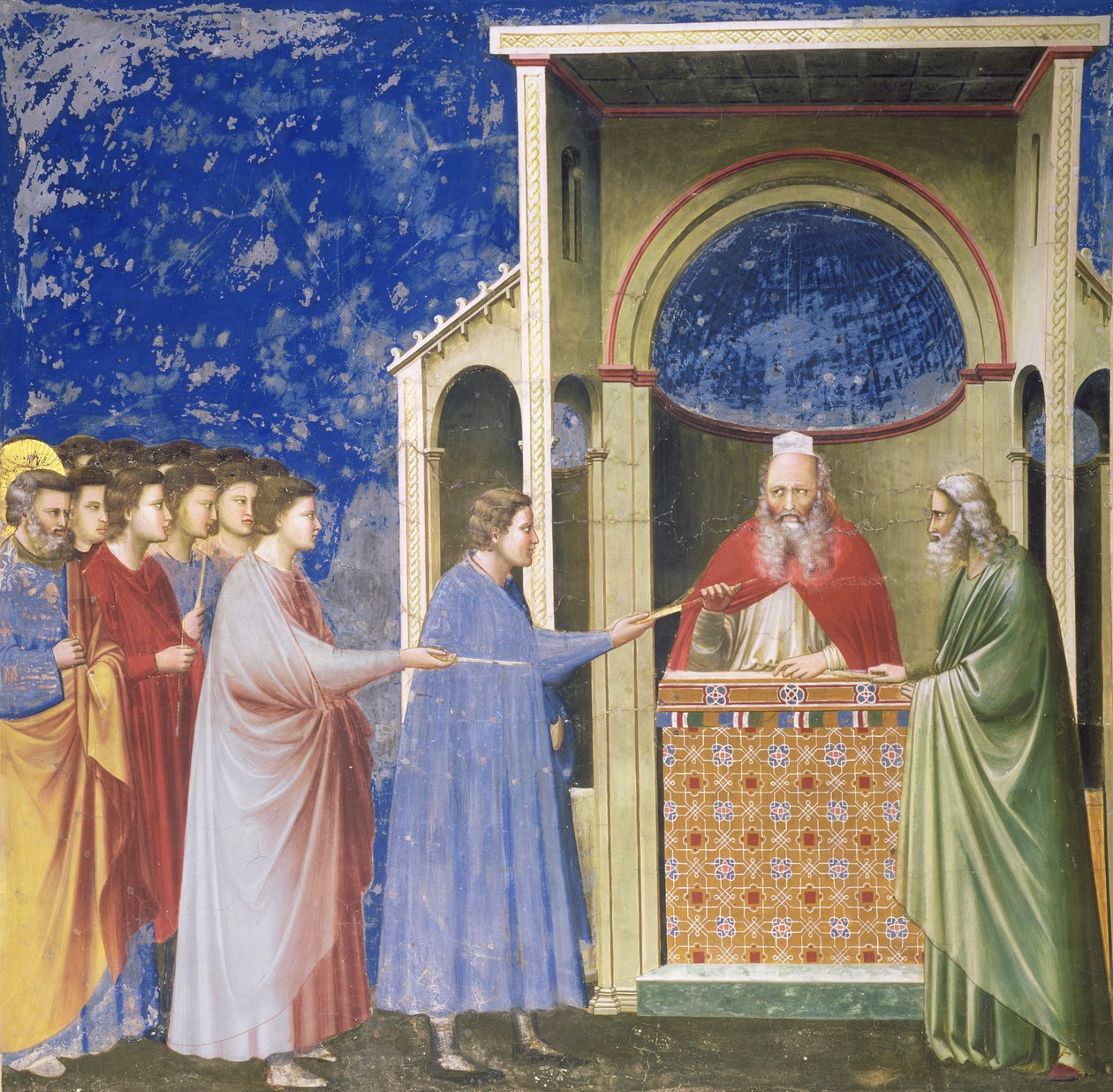 Nápadníci Panny Marie představují své hůlky v chrámu, c.1305 od Giotto di Bondone