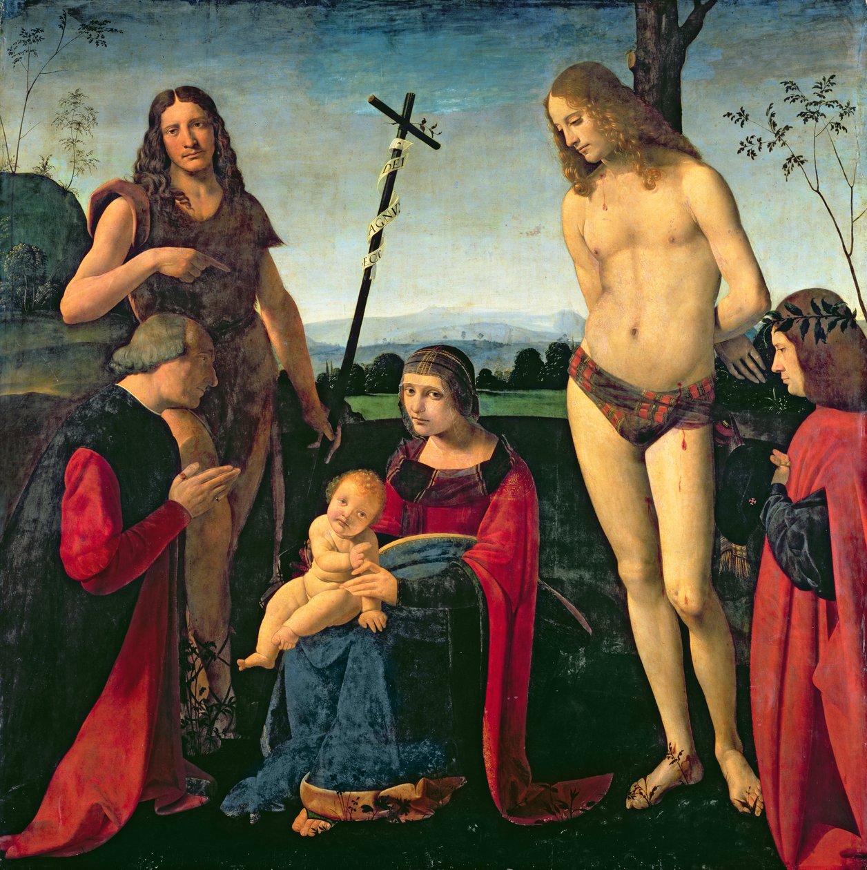 Madonna a dítě s SS. Jan Křtitel a Sebastian mezi dvěma dárci, kolem roku 1500 od Giovanni Antonio Boltraffio