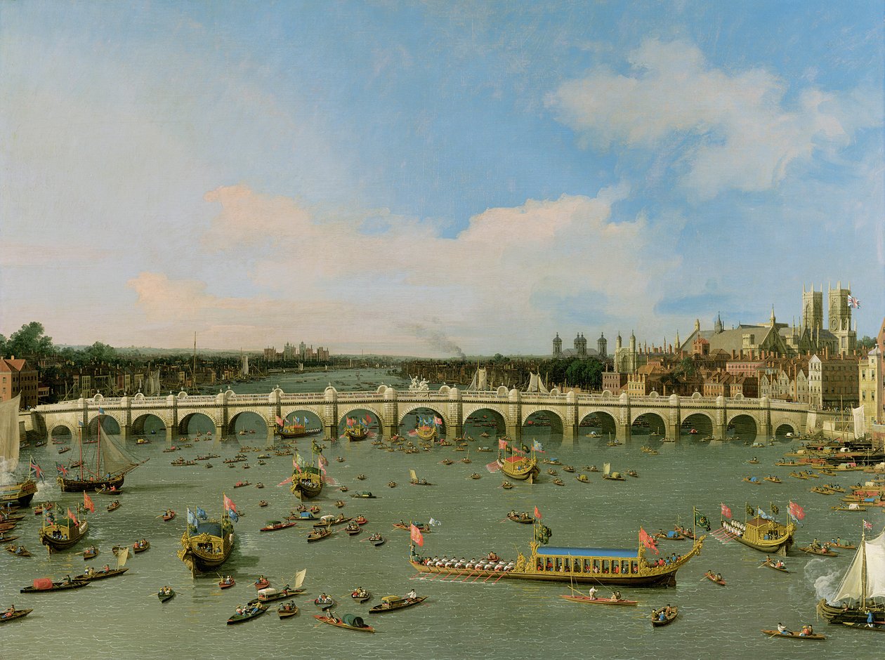 Westminster Bridge, Londýn, s průvodem primátora na Temži od Giovanni Antonio Canal