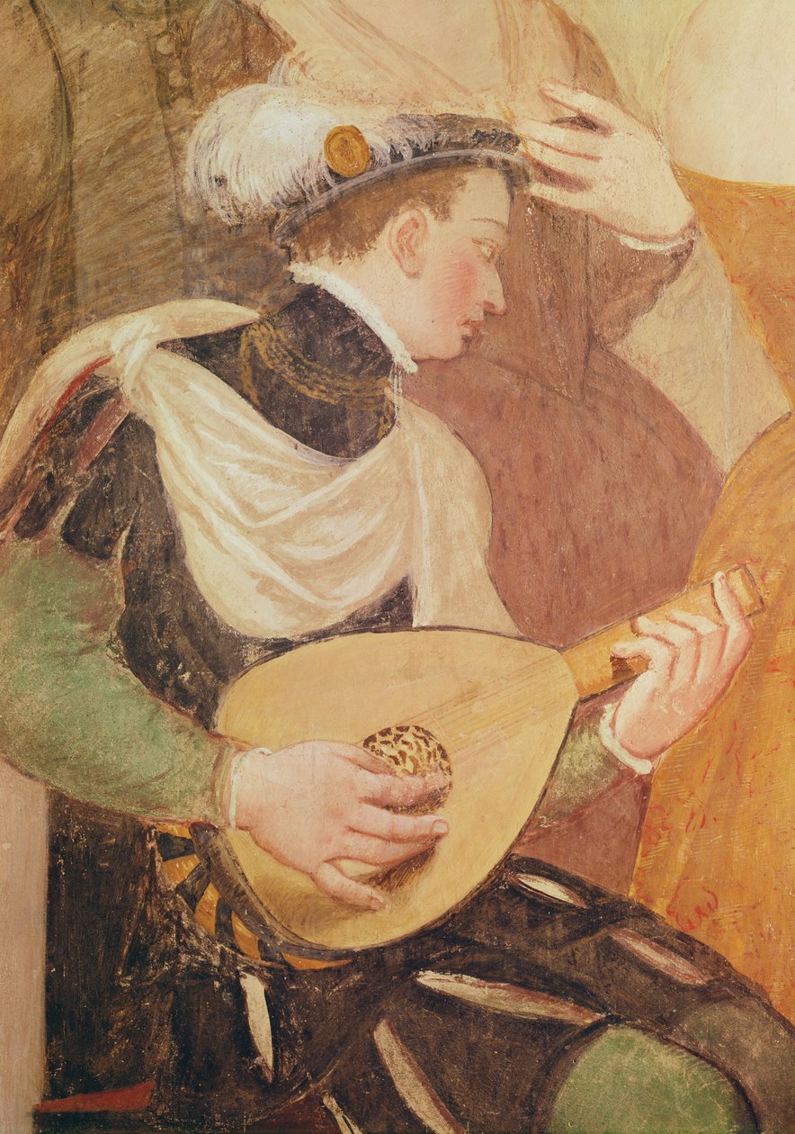 Pozvánka do tance, detail hudebníka, 1570 freska od Giovanni Antonio Fasolo