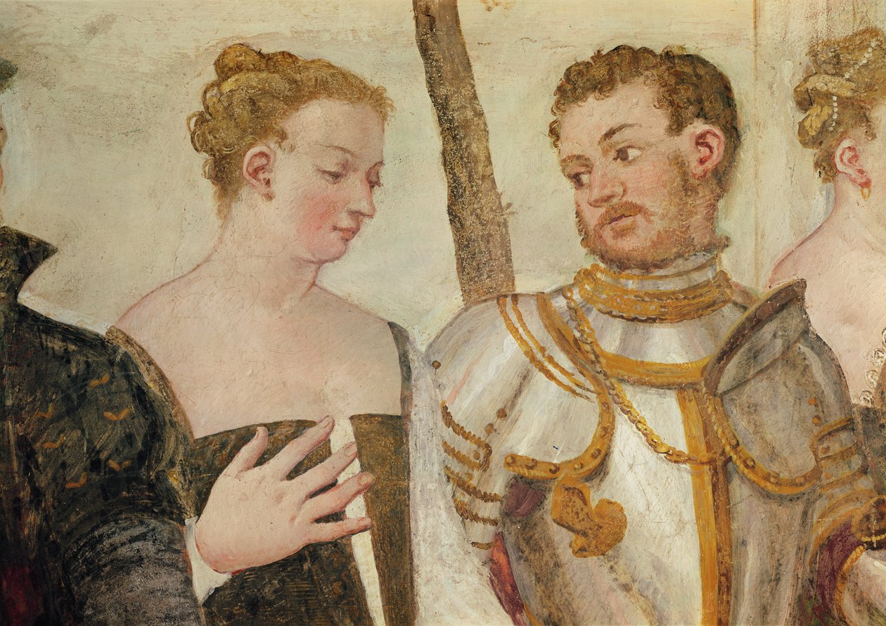Pozvánka do tance, detail dvou hlav, 1570 freska od Giovanni Antonio Fasolo