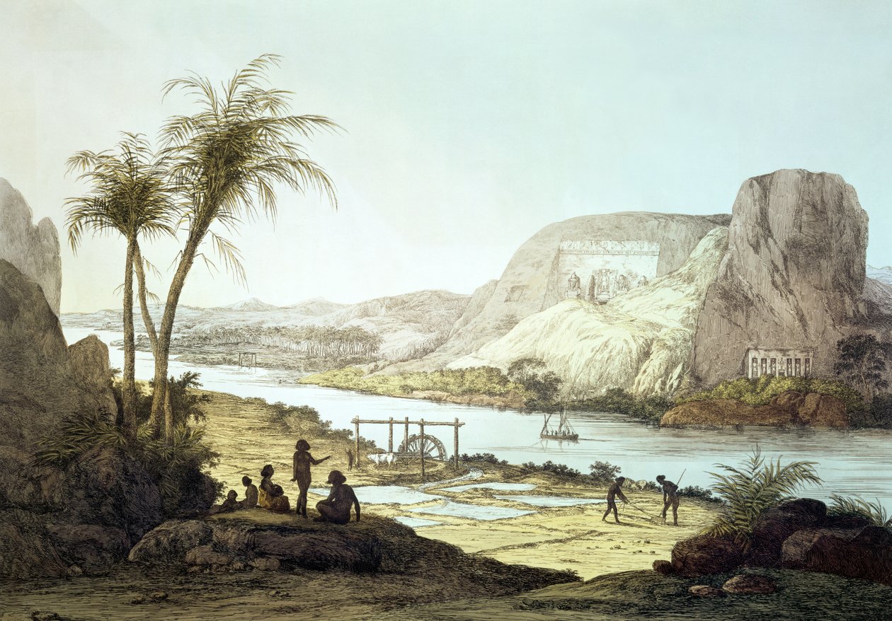 Pohled na chrámy v Abu Simbel, Nubia, vyrytý Augustine Aglio (1777-1857) od Giovanni Battista Belzoni