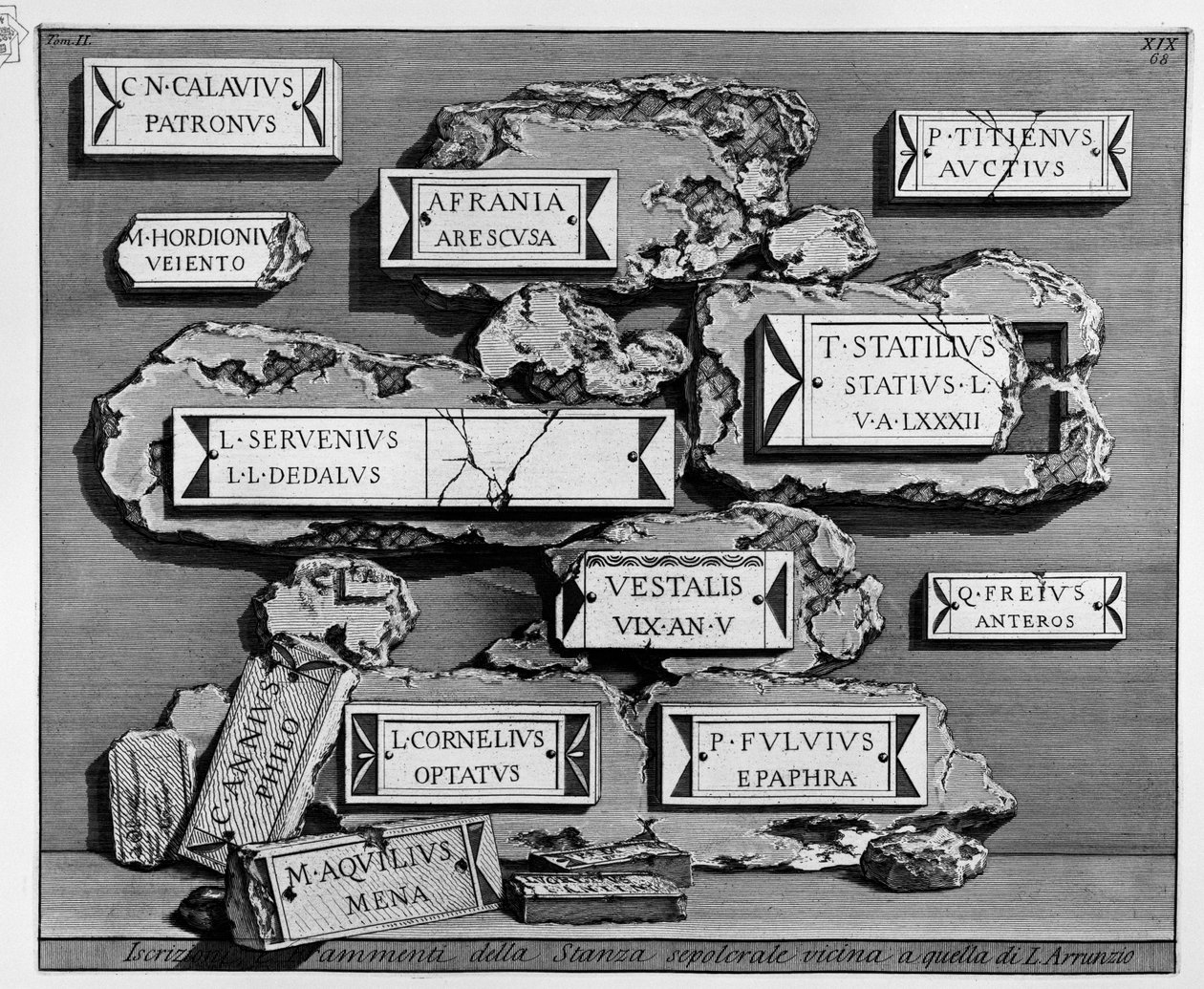 Pozůstatky sepulkrální komory používané plebsem ve vile Magnani; srov. Mapa Říma de Piranesi, č. 88 od Giovanni Battista Piranesi
