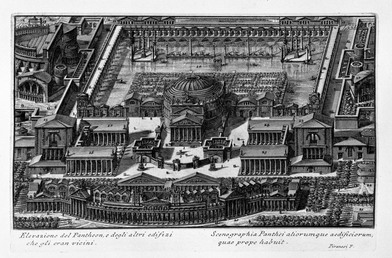 Nadmořská výška Pantheonu a dalších budov, které byly poblíž. Latina od Giovanni Battista Piranesi