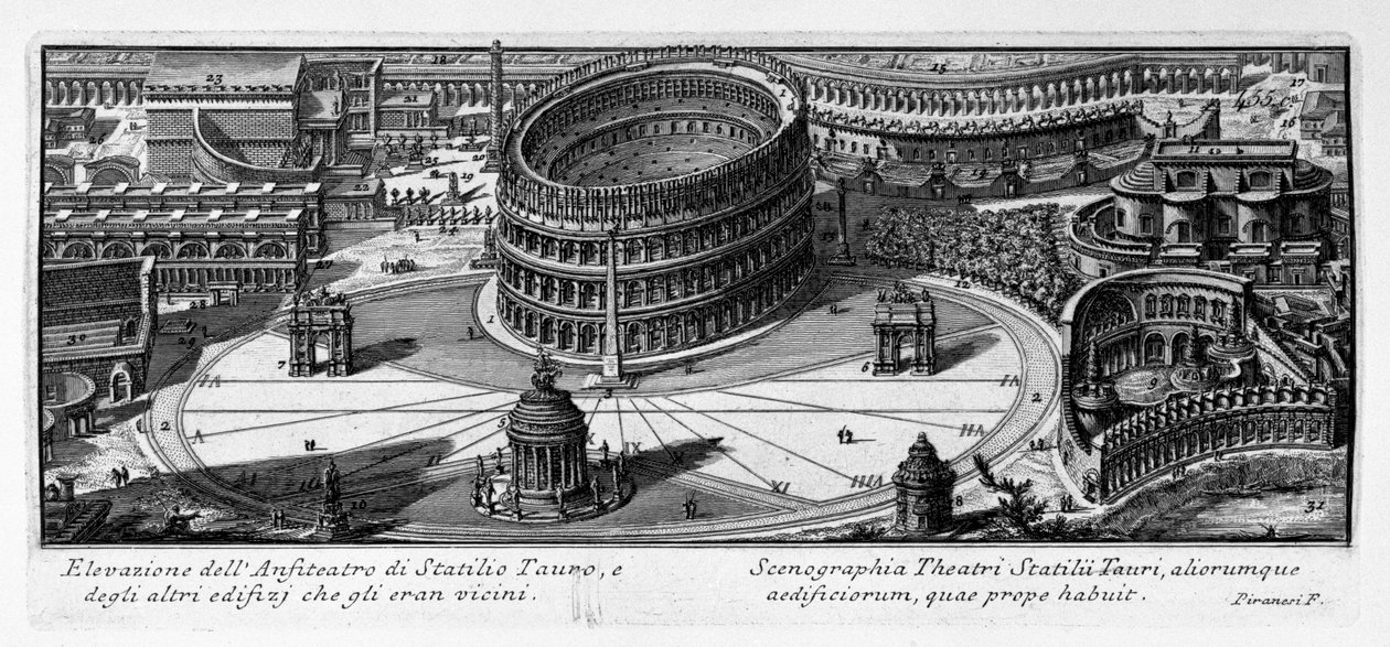 Nadmořská výška amfiteátru Statilio Tauro a dalších budov, které byly poblíž. Latina od Giovanni Battista Piranesi
