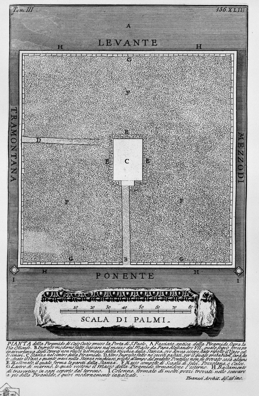 PLÁN pyramidy Cajo Cestio v Porta di S. Paolo. od Giovanni Battista Piranesi
