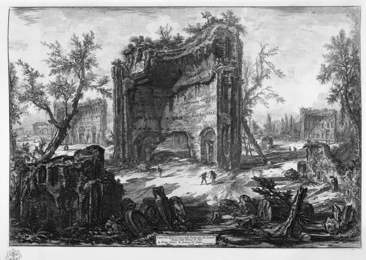 POHLED na zbytky továren ve druhém patře Terme di Tito. V prvním patře. Zbytky divadla B od Giovanni Battista Piranesi