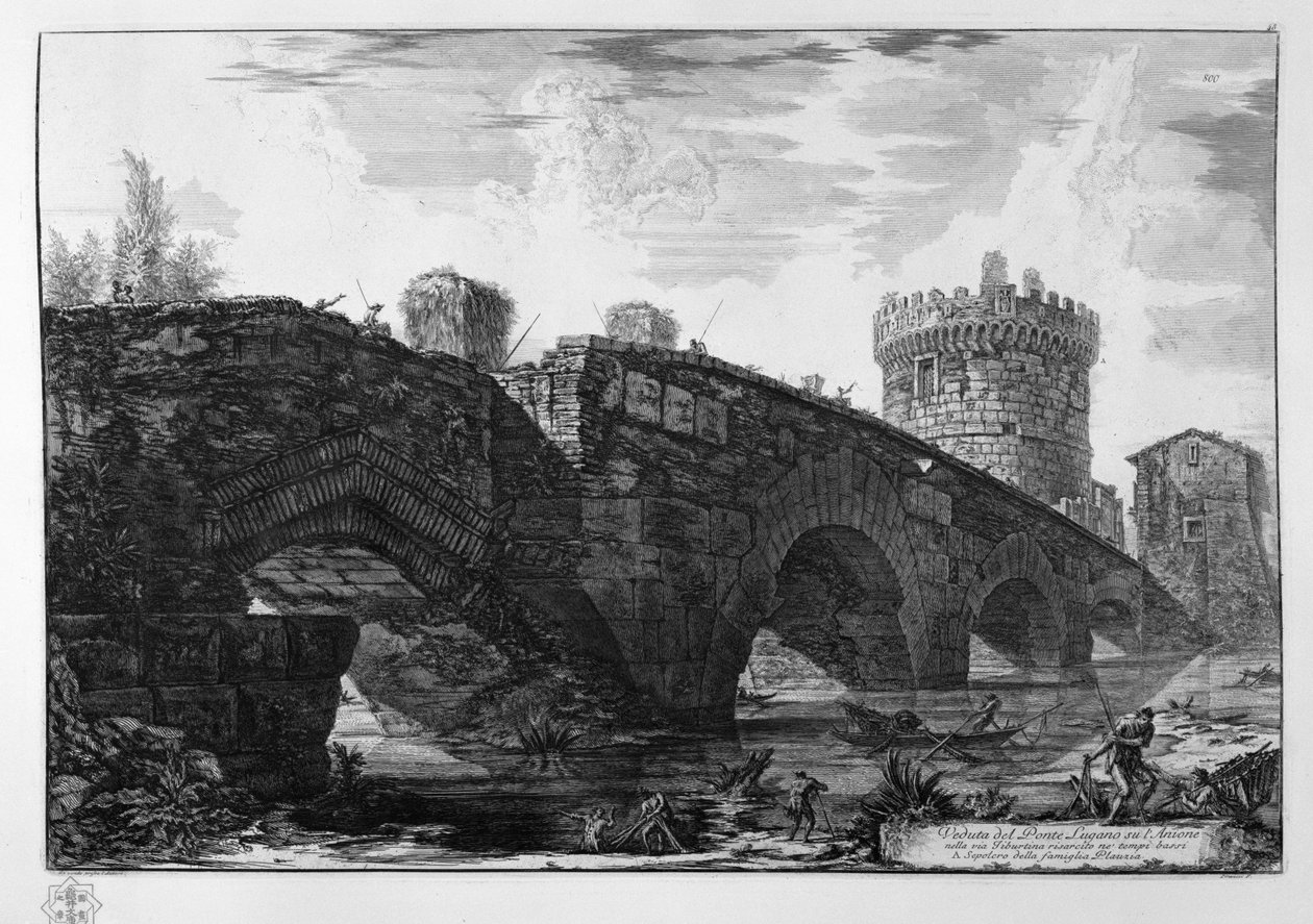 Pohled na Luganský most přes Anionu přes Tiburtinu kompenzovaný v nízkých chrámech od Giovanni Battista Piranesi