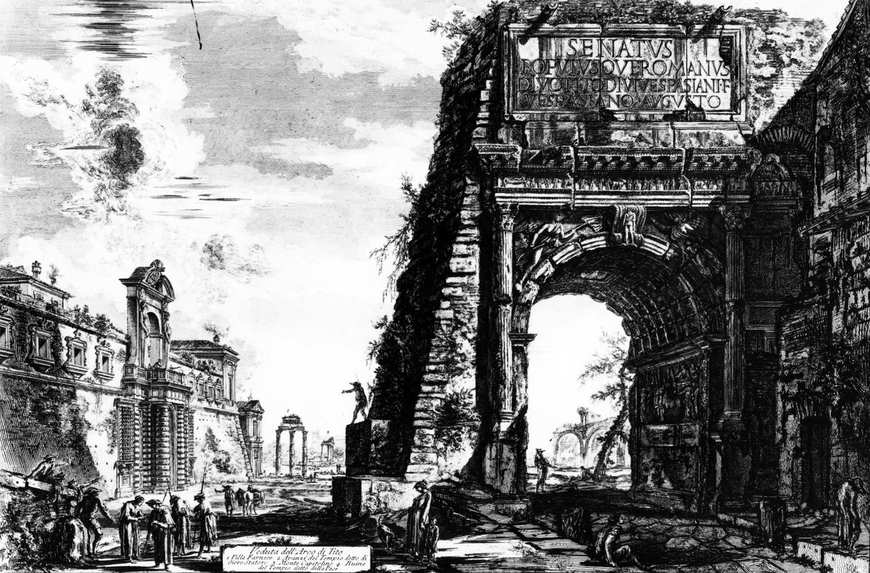 Pohled na Titův oblouk ze série „Pohledy na Řím“, kolem roku 1760 od Giovanni Battista Piranesi
