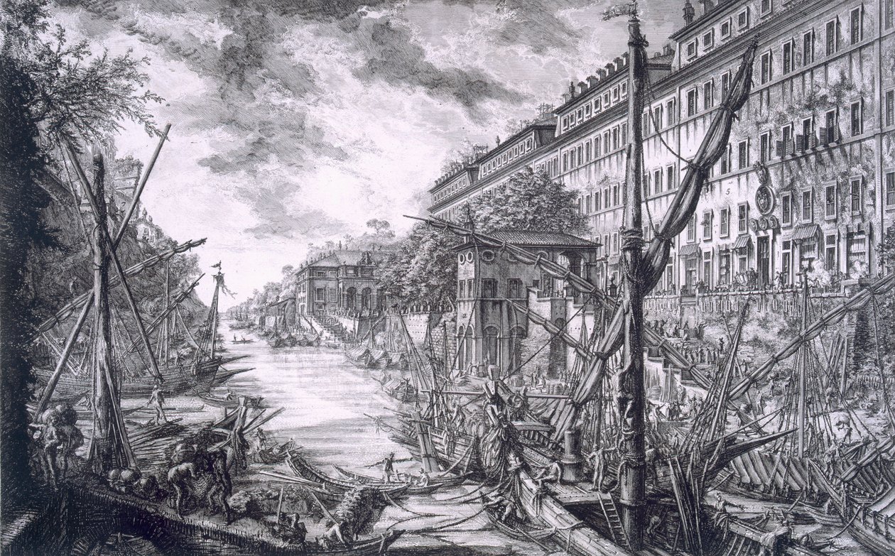 Pohled na přístav Ripa Grande, z „Různých děl architektury, perspektiv, grotesek, starožitností“, vydáno 1743 od Giovanni Battista Piranesi