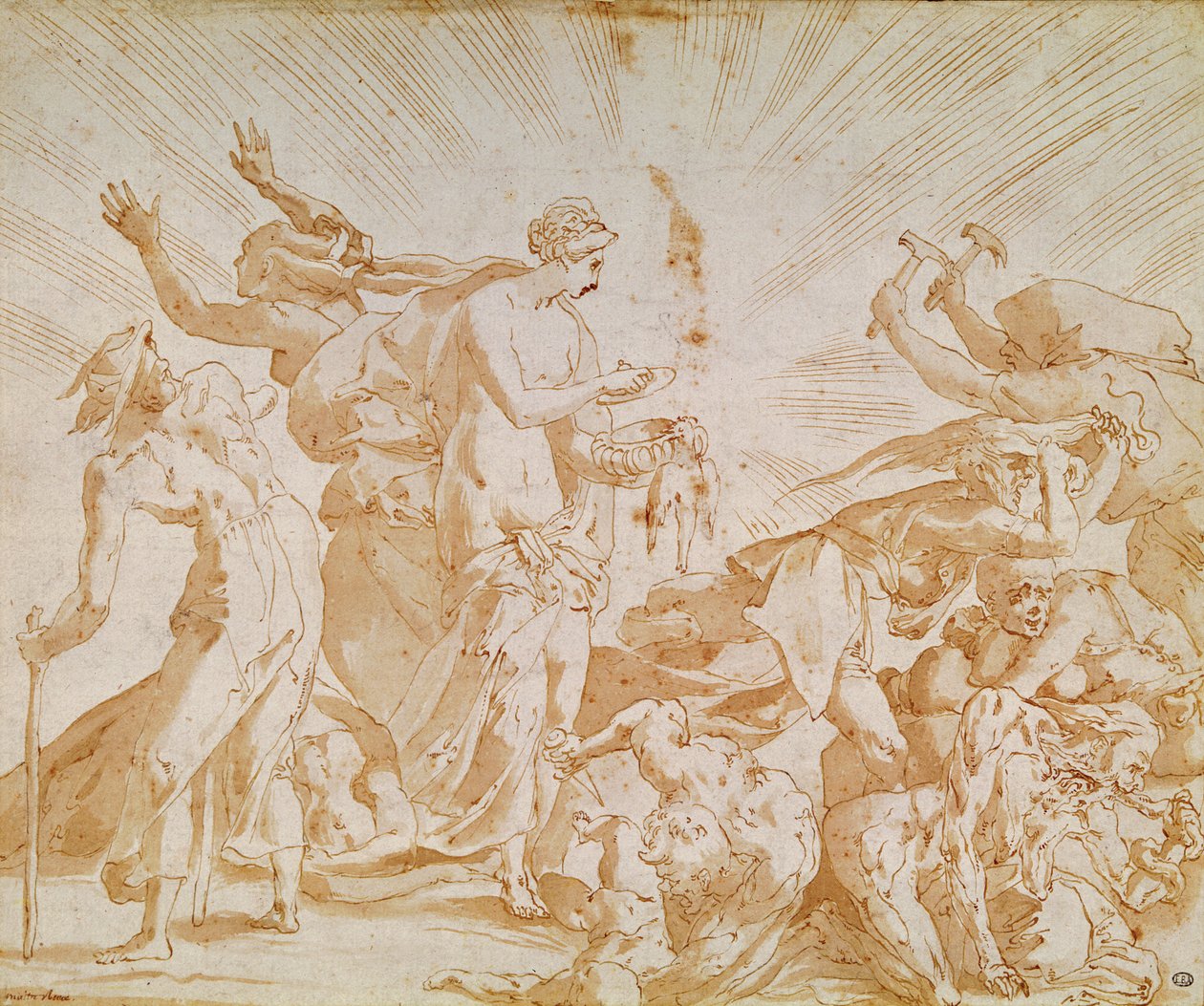 Pandora otevírá krabičku (pero, inkoust a mytí na papíře) od Giovanni Battista Rosso Fiorentino