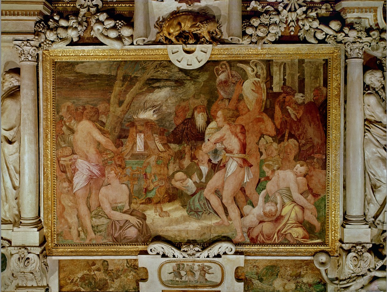 Katanejská dvojčata, Anapias a Amphinamus u obětního oltáře, detail výzdoby v galerii Františka I. (1494-1547) 1535-40 (fresky a štuky) od Giovanni Battista Rosso Fiorentino