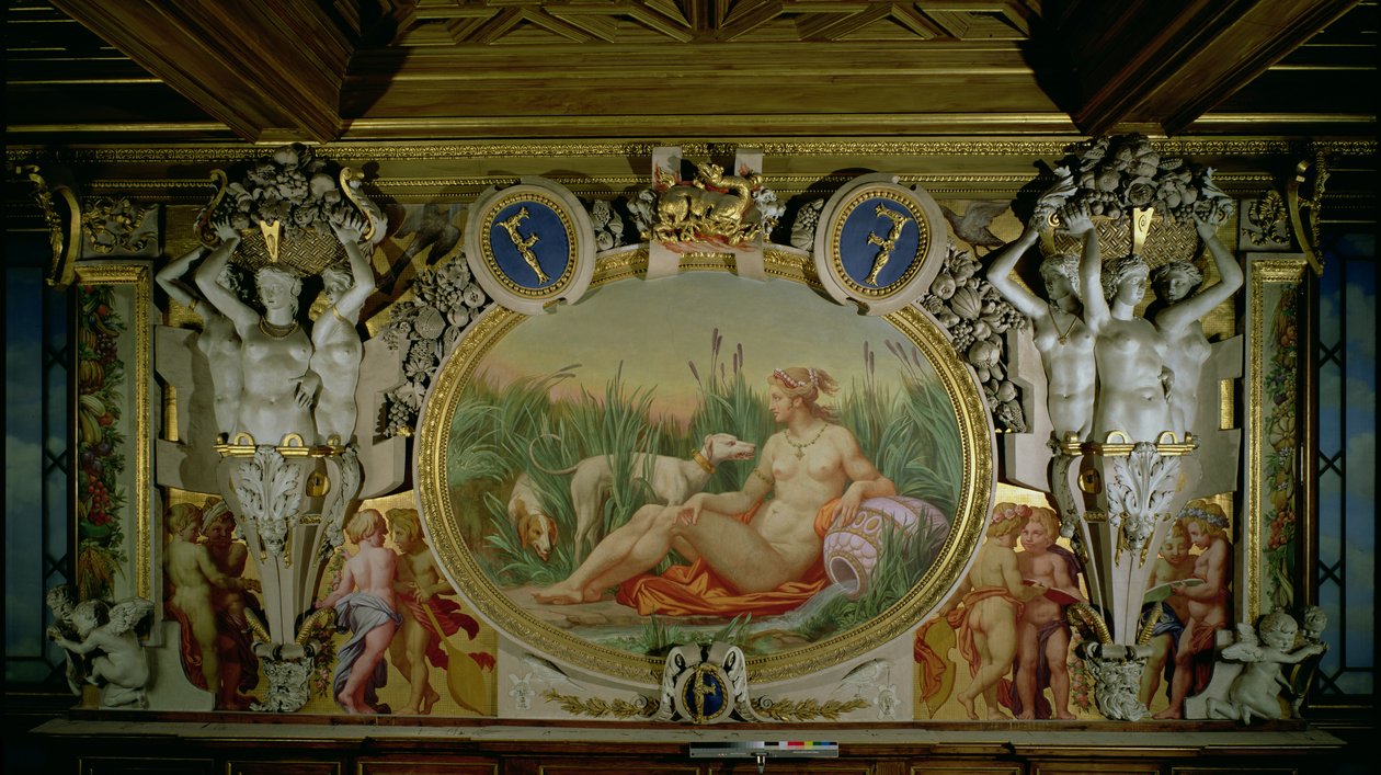 Nymfa z Fontainebleau, detail dekorativního schématu v galerii Františka I., 1530-40 freska a štuky od Giovanni Battista Rosso Fiorentino