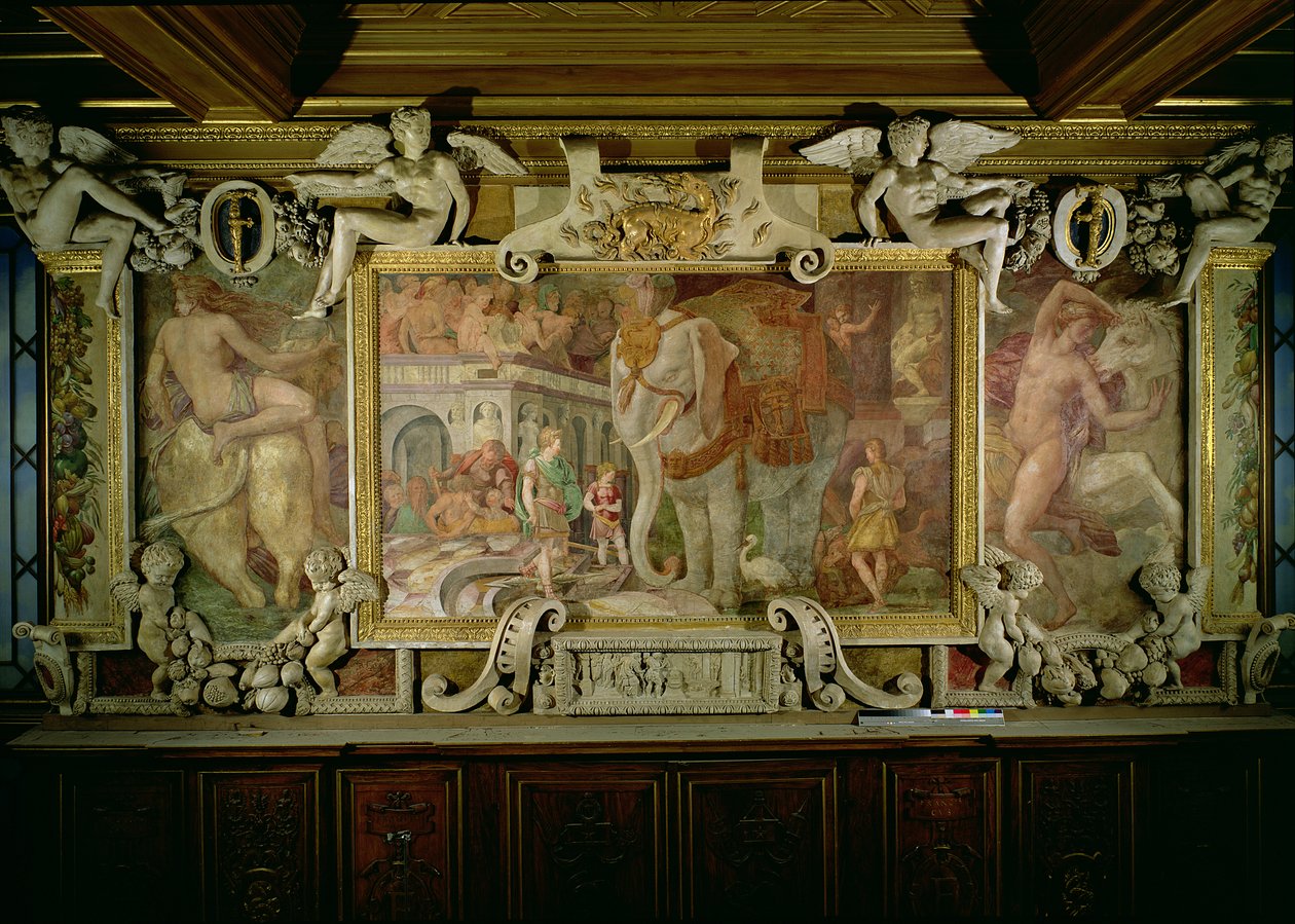 Vítězný Elephant, alegorické hold Františka I., detail dekoračního režimu v Galerii Františka I., 1530-40 fresky a štuky od Giovanni Battista Rosso Fiorentino